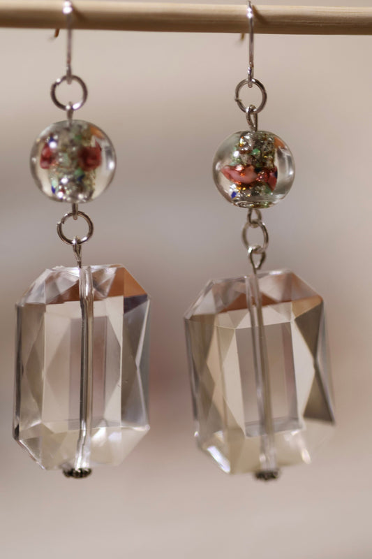 Clear bevel cut acrylic 2" rectangular shaped dangle earrings with Czech foiled lampwork glass floating rose beads