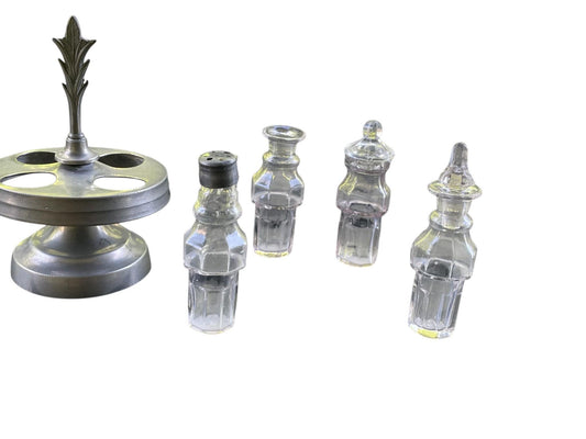Vintage Glass Cruet Set with Metal Carousel Stand | 4 Piece Condiment Set | Salt Pepper Oil Vinegar Tableware