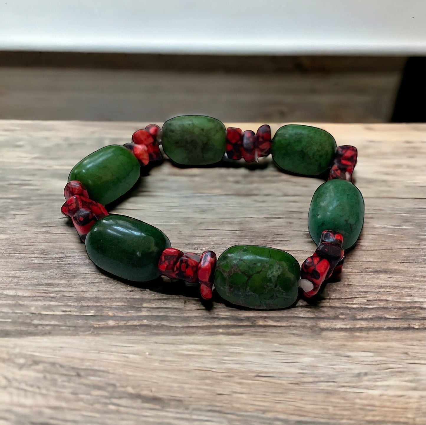 Green and turquoise faux stone stretch bracelet