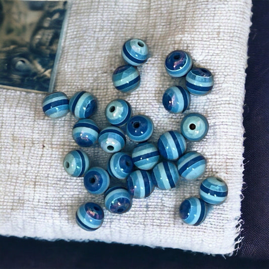 One dozen striped shades of blue vintage beads - approx. 6 mm each