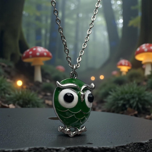 Vintage Green Enamel Owl Necklace Silver Tone Chain Cute Animal Pendant