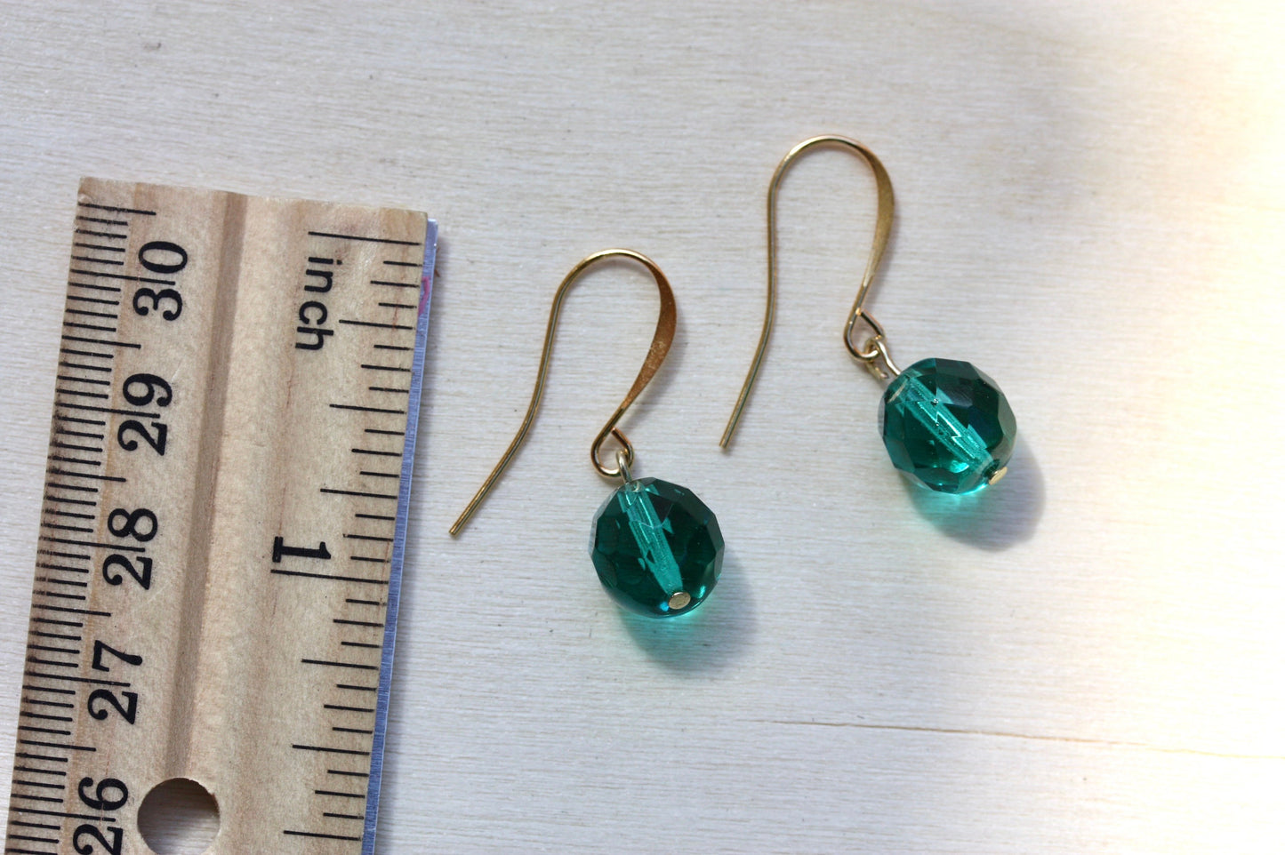 Minimalist turquoise glass crystal dangle earrings with sloped goldstone ear wires