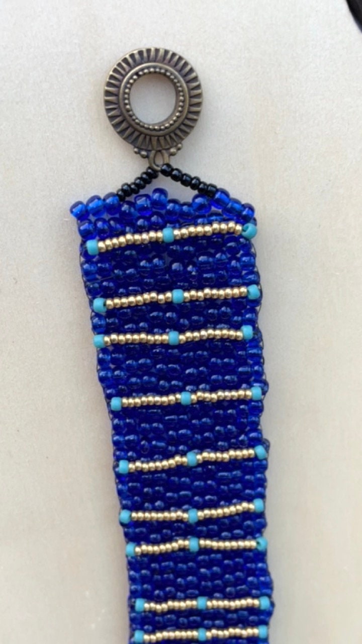 Stunning vintage royal blue, turquoise and gold handmade bead woven vintage beadwork bracelet