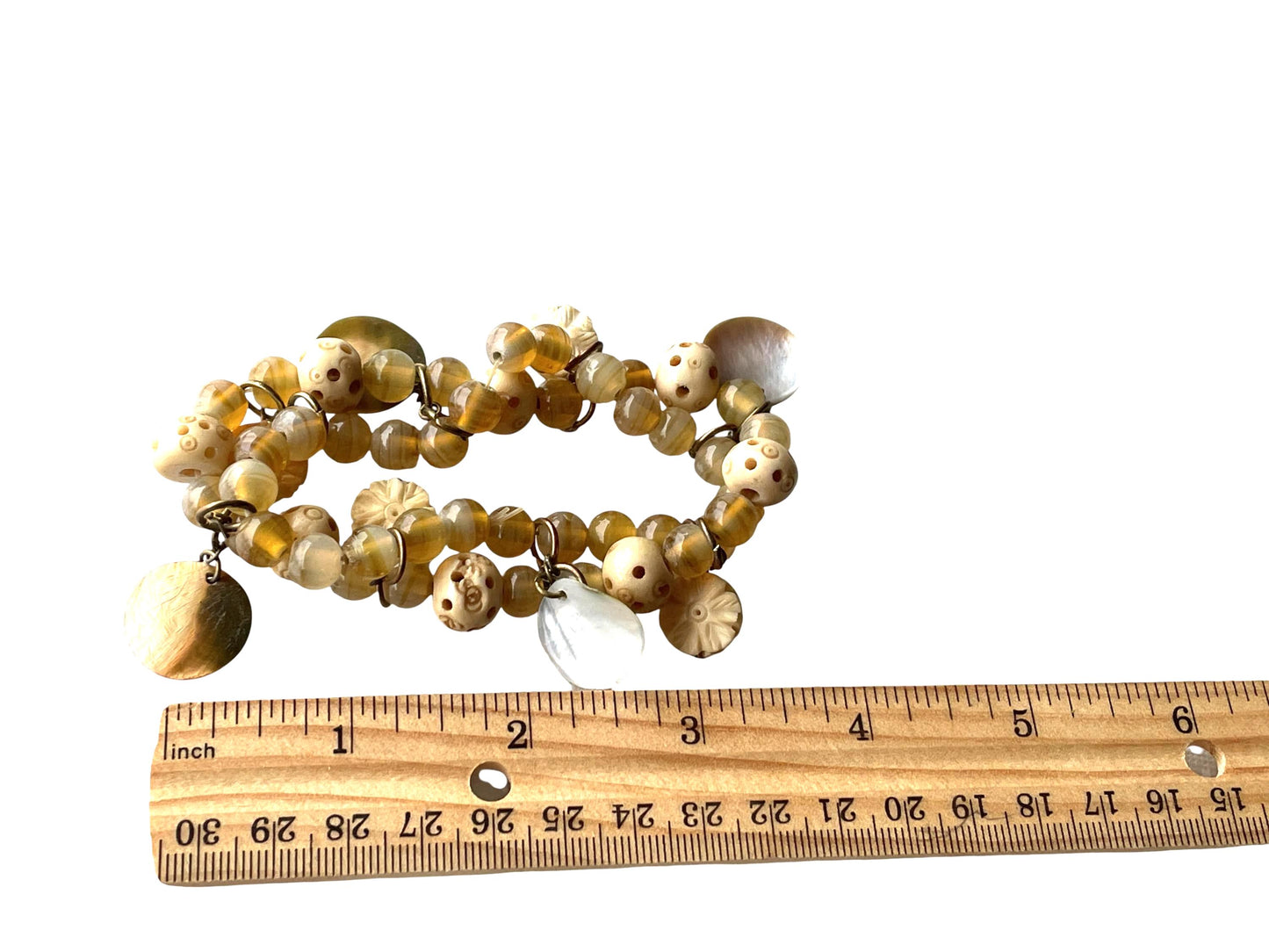 Vintage Beaded Charm Bracelet • Honey Amber Glass Beads • Carved Bone Beads • Mother of Pearl Charms • Boho Artisan Bracelet