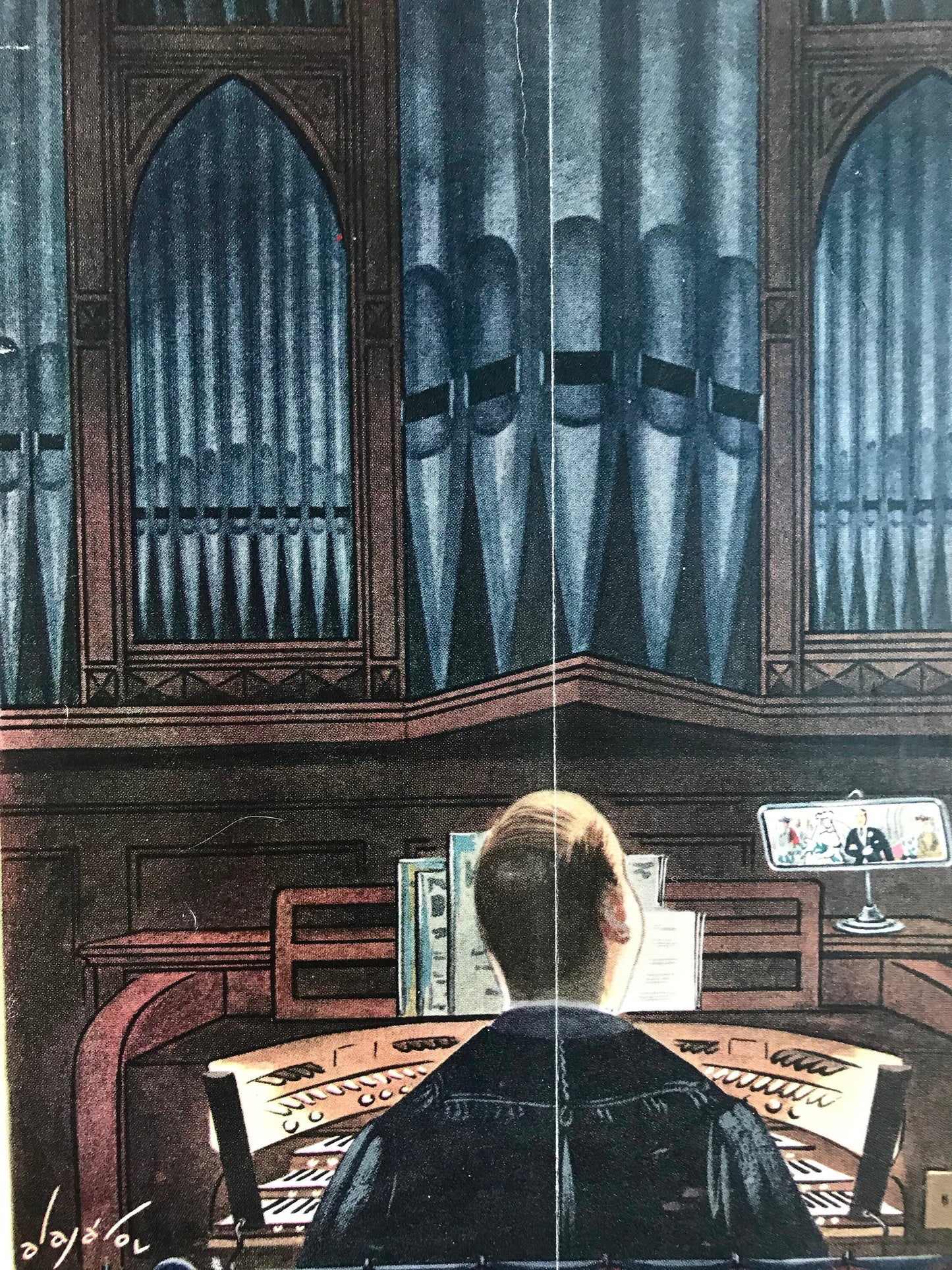 January 24, 1953 - The NEW YORKER Magazine original cover by Constantin Alajálov - church organ player - Please read description
