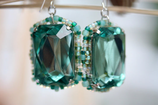 Vintage turquoise faceted crystal dangle earrings with original handmade beadwork