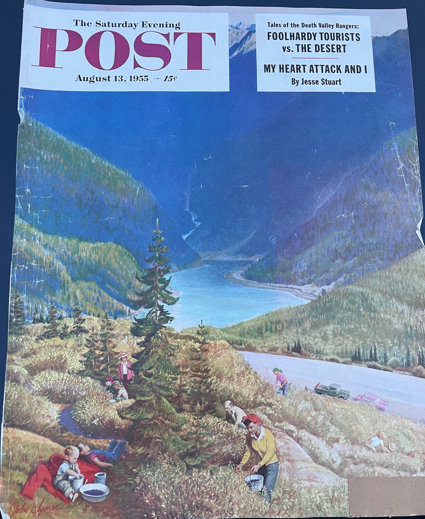 Saturday Evening Post - Original Cover - August 13, 1955 - family picknicking in the mountains