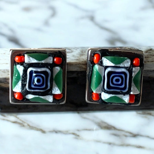Square Micro Mosaic Millefiori Stud Earrings – 1/2" Handmade Glass Jewelry – Colorful Artisan Earrings – Gift for Her