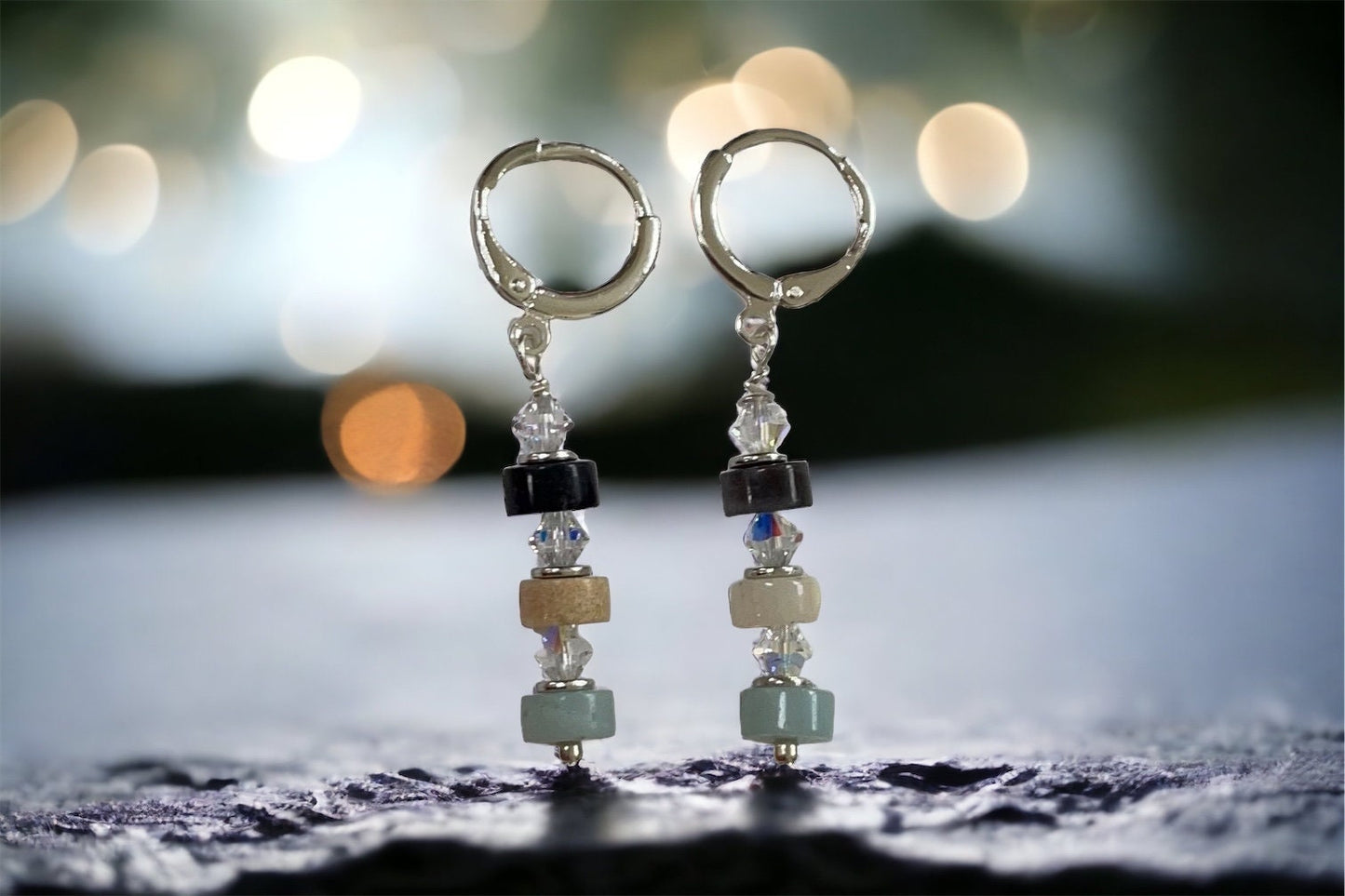 Handmade dangle earrings - turquoise, cream and black stone interspersed with Swarovski crystals - huggie ear wires