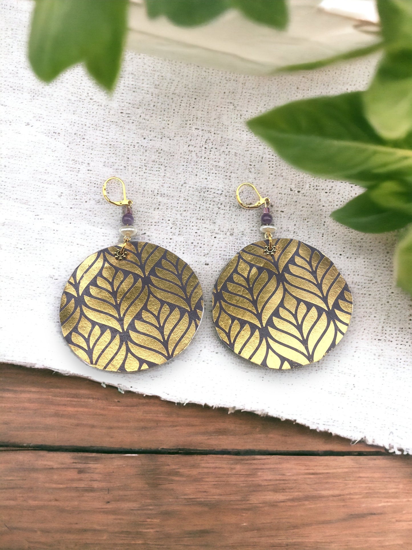 Incredibly lightweight handmade earrings - made of mixed materials - specialty Asian paper, pearls, metal