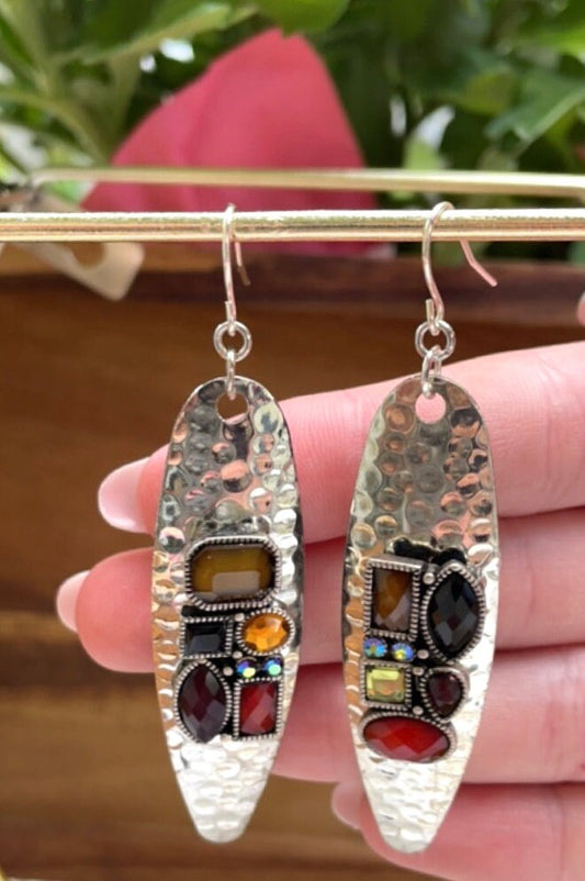 Hammered metal earrings with rhinestone studded mixed media collage