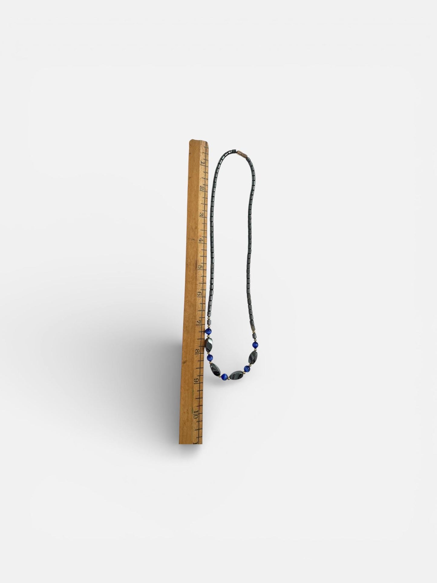 Vintage Hematite Cobalt Blue Bead Necklace, 90s Minimalist Choker, Gold Accent Statement Jewelry