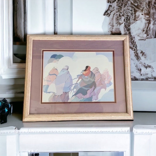 Stunning framed and matted vintage print by the late artist Diane O'Leary titled The Long Journey - Native American Multimedia artist