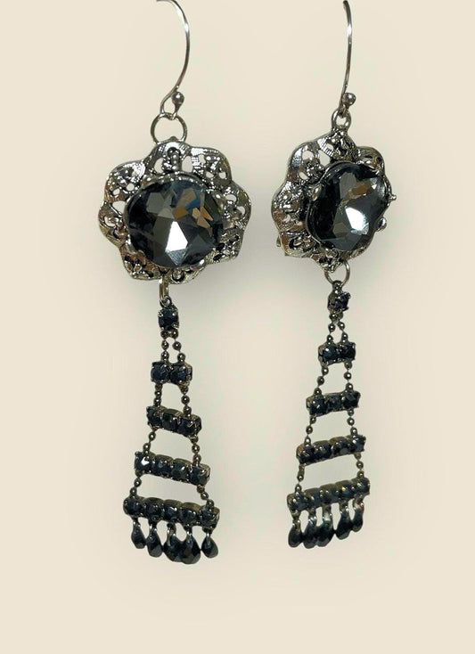 Handmade Earrings with Vintage & New Components – Black Crystal Filigree Dangles – Elegant Statement Jewelry