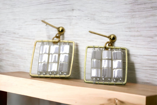Opalescent ivory colored tila earrings - small handmade beadwork square dangle earrings