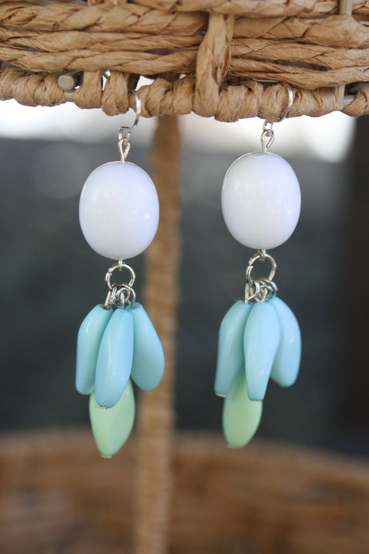 Seafoam green, blue and white fun chandelier style dangle earrings