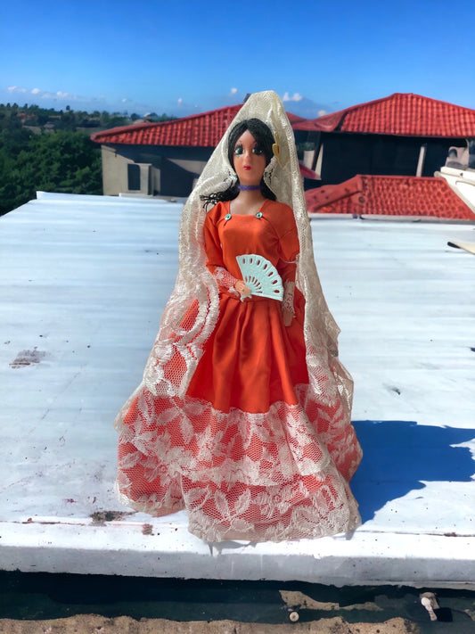 Stunning vintage doll from Mexico - full orange dress, long lace veil, blue fan