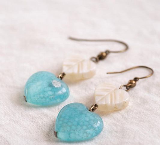 Vintage Aqua Glass Heart Earrings β’ Carved Mother of Pearl Leaf Dangles β’ Blue textured Glass Heart Drops β’ Romantic Cottagecore Jewelry