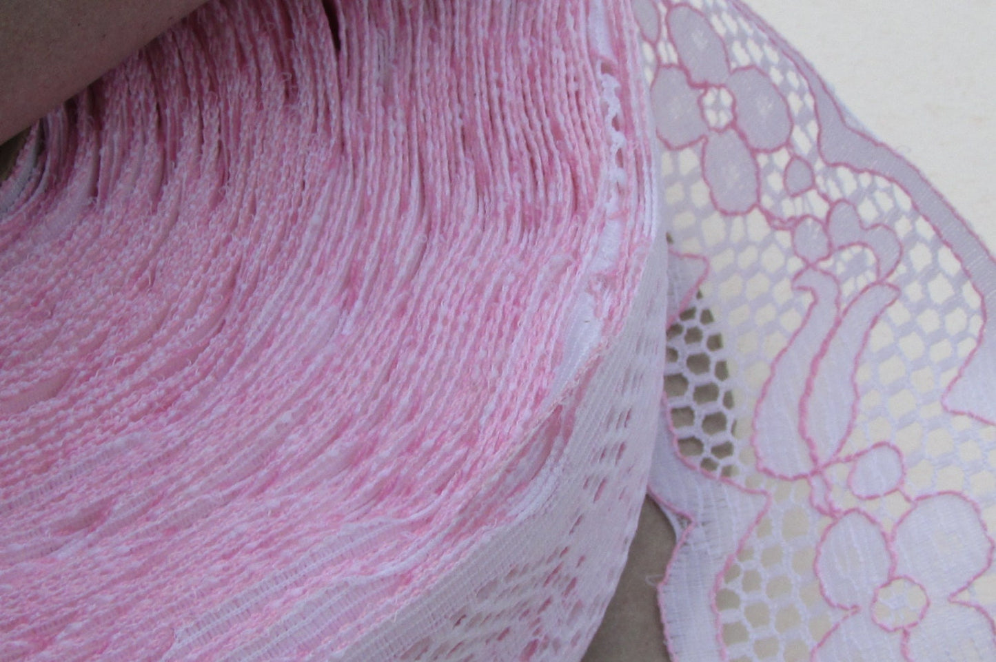 Wide (2 and one-quarter inches wide) vintage floral pink and white lace - by the yard