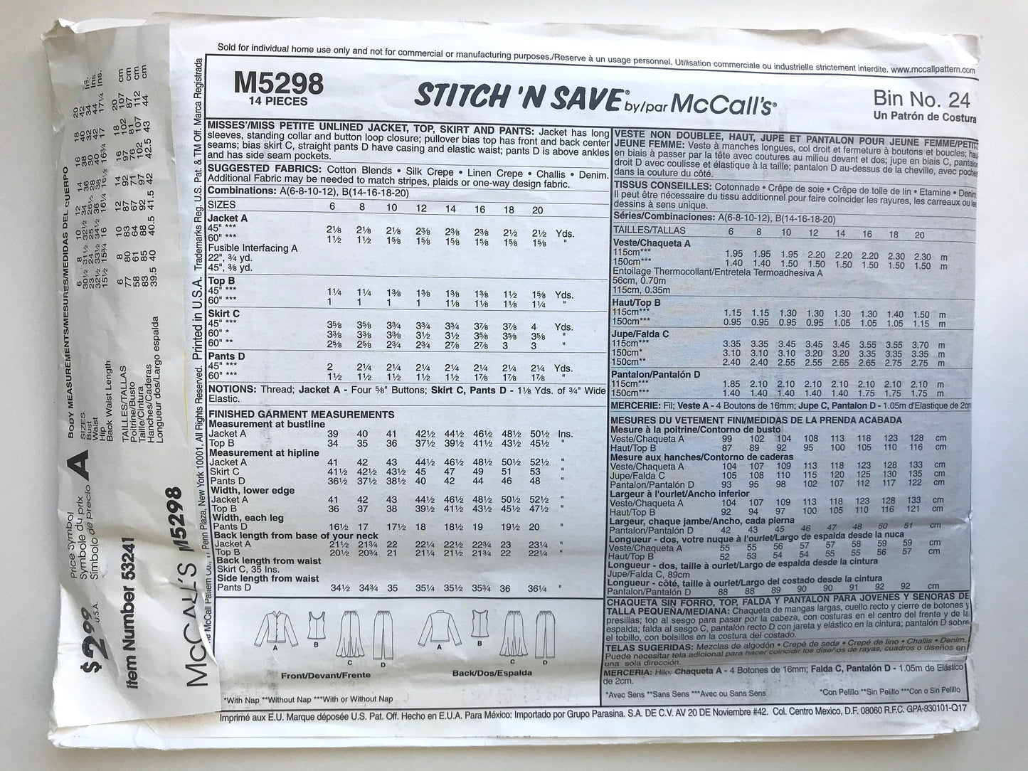 UNCUT Sewing Pattern - Easy Stitch ’N Save McCall’s Pattern M5298 - Unlined Jacket, Top, Skirt and Pants in Sizes 14 to 20