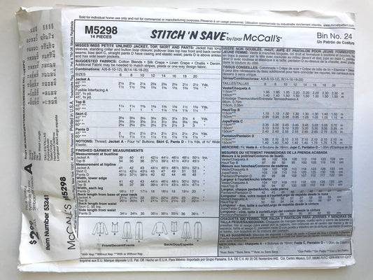 UNCUT Sewing Pattern - Easy Stitch ’N Save McCall’s Pattern M5298 - Unlined Jacket, Top, Skirt and Pants in Sizes 14 to 20