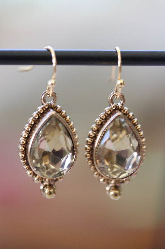 Stunning light goldtone faceted upcycled crystal earrings - wedding jewelry, dressy earrings