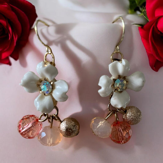 Charming little dangle earrings - white rhinestone studded vintage flower with pink and gold dangle beads