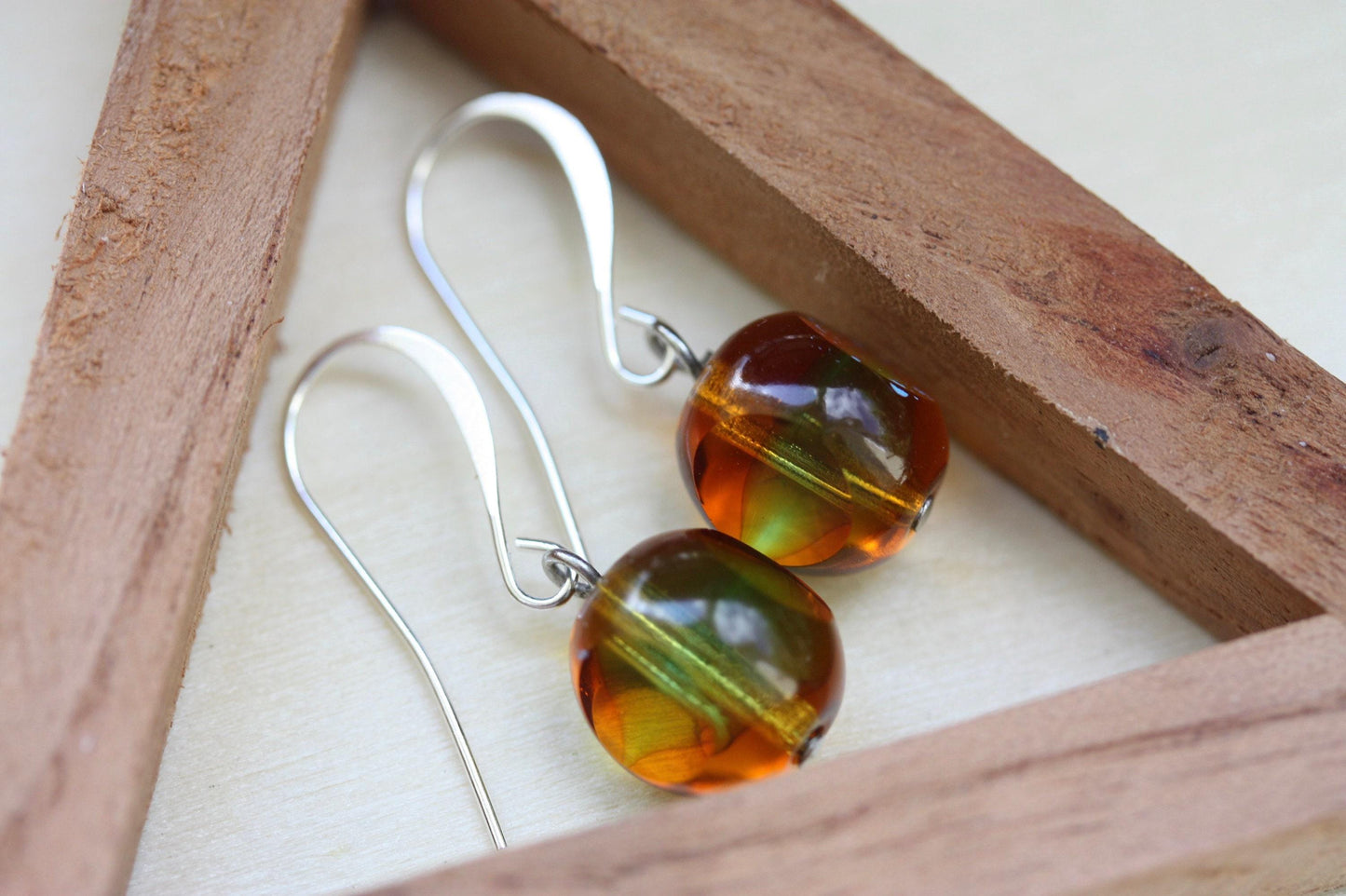 Handmade earrings with upcycled vintage multi-shaped (round with flat sides) unique glass beads - shades of orange, gold and green