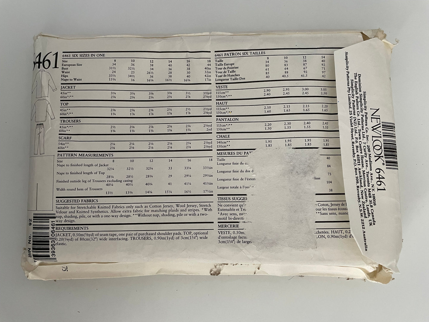 UNCUT Sewing Pattern - New Look sewing Pattern 6461 - Sizes 8 - Jacket Top Trousers Scarf 4 Stretch Knit Comfy