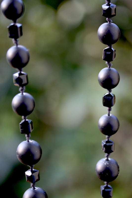 Stunning, high quality long black vintage necklace - with black matte round faux pearls and smooth cubed black crystal-like beads