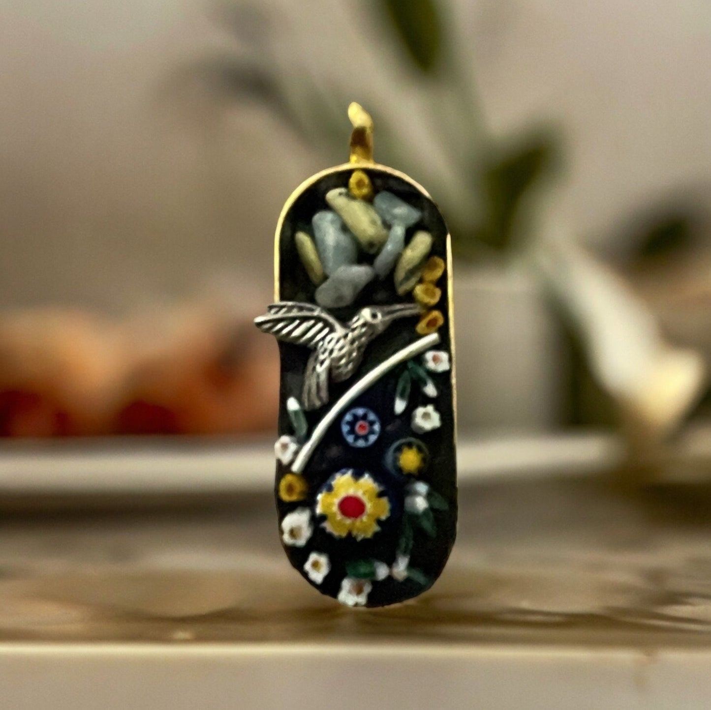 My handmade mosaic necklace - mixed material pendant with semi precious stones, millefiori glass and metal - comes on a matching chain