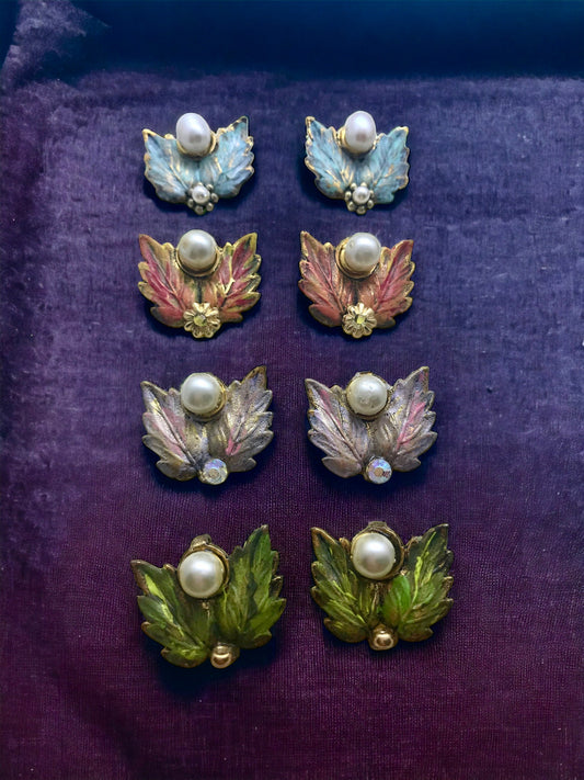 Revised, Modernized, upcycled repurposed - hand painted vintage earrings, trimmed with pearls, faux pearls, Swarovski cyrstals, rhinestones