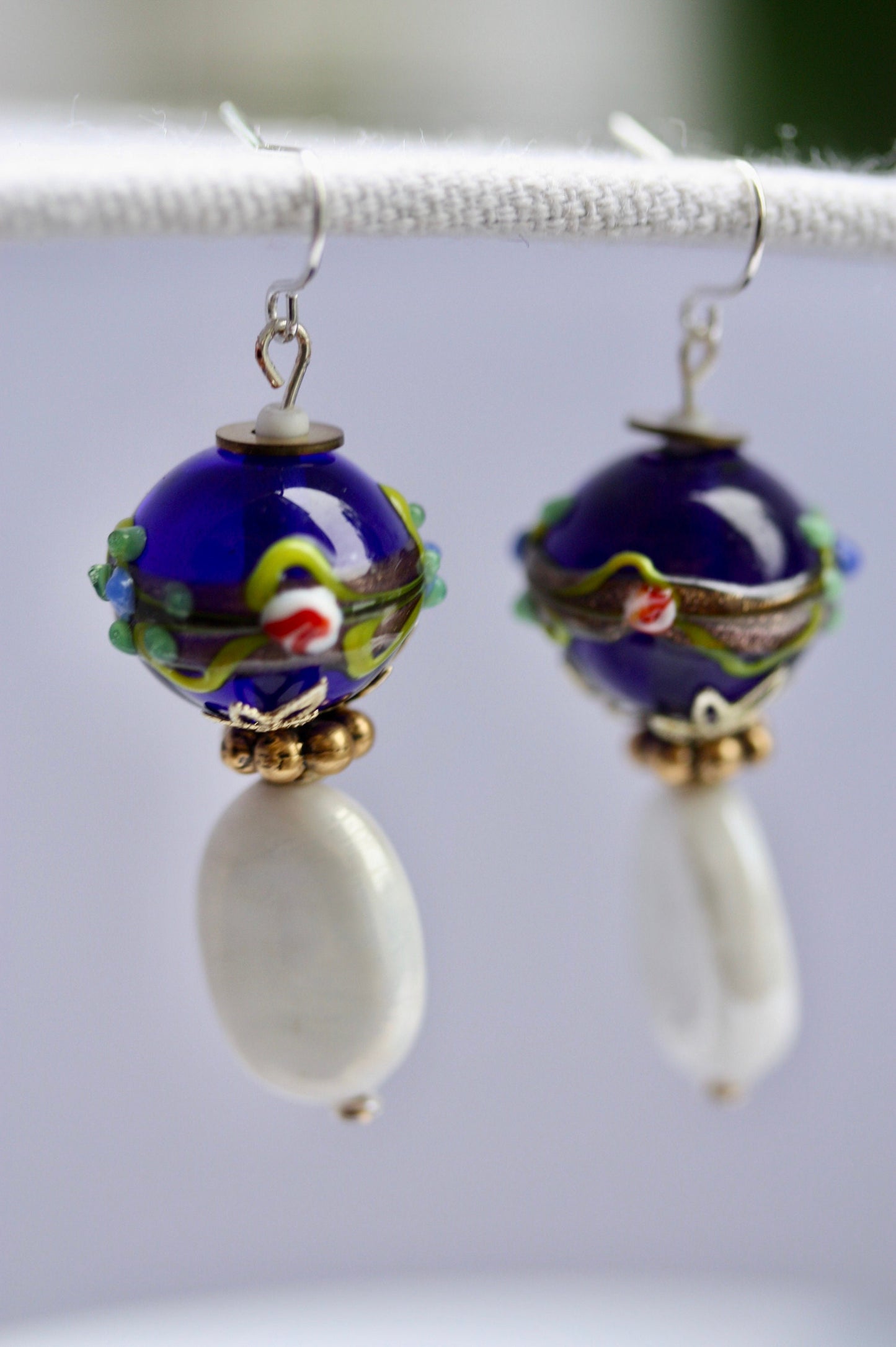 Cobalt blue Birthday cake vintage art glass earrings with white oval vintage glass