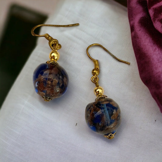 Blue and gold speckled glass vintage dangle earrings