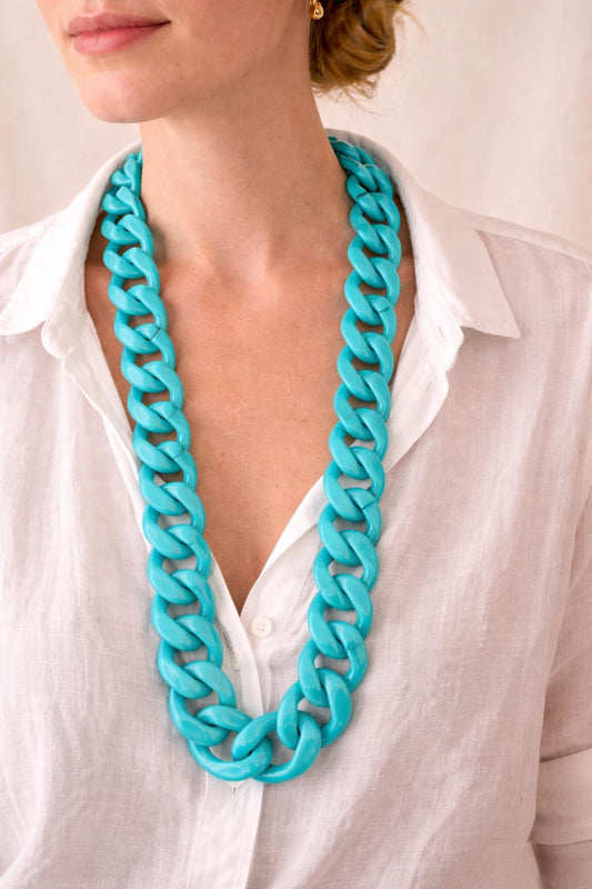 Vintage Turquoise Acrylic Chain Necklace β Oversized Lucite Link Statement Necklace β Bold 80s 90s Chunky Resin Collar