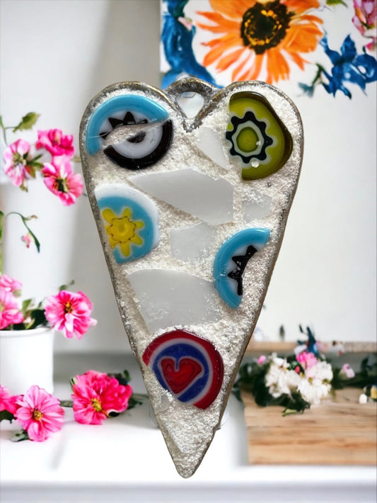 My handmade mosaic heart necklace - made from hand cut pieces of a broken vintage dish with millefiori glass