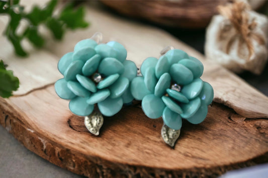 Fun large beaded turquoise flower earrings with goldtone dangle leaves - upcycled, statement earrings