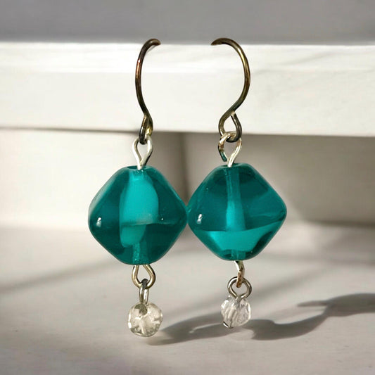 Triangular shaped turquoise glass and crystal drop earrings
