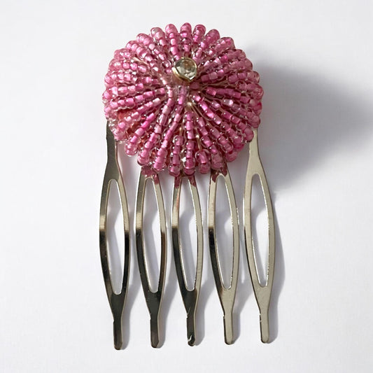 Handmade Pink Beaded Hair Comb with Rhinestone Center – Elegant Metal Comb for Bridal, Formal, or Everyday Glam