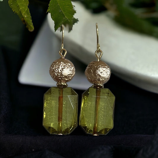 Clear green bevel and goldtone beaded dangle earrings