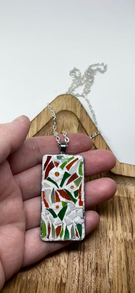 My handmade flower garden - one-of-a-kind micro mosaic necklace with handcut tile and glass