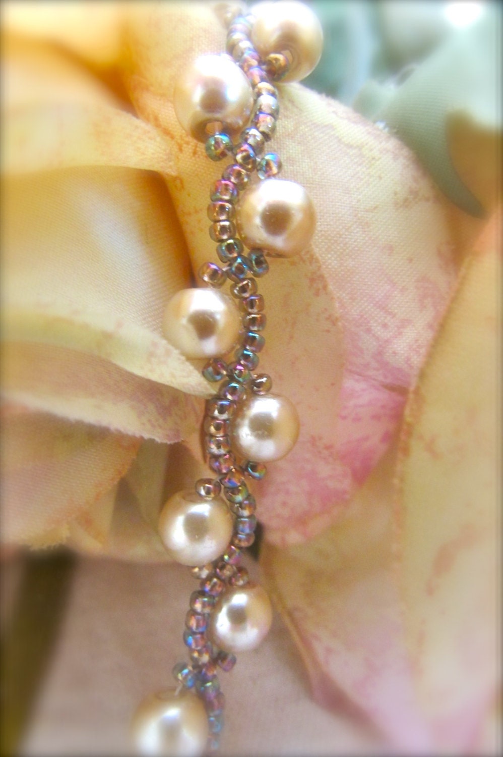 Light copper tone glass pearls with iridescent glass seed beads (in various hues) handmade beaded bracelet