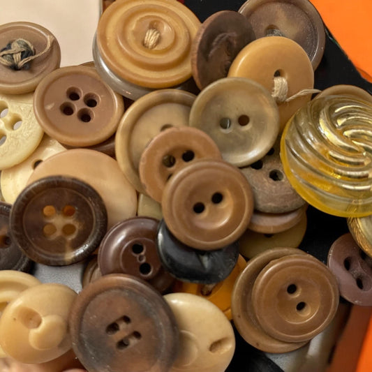 Buttons by the ounce - mystery lot of gold, brown, tan and cream vintage buttons - mixed sizes and materials - as found