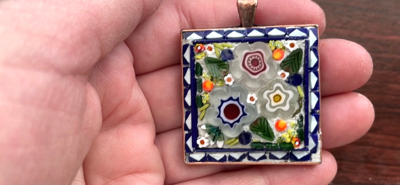 My handmade mosaic necklace - "Flower garden" - hand cut ceramic and glass with millefiori flowers