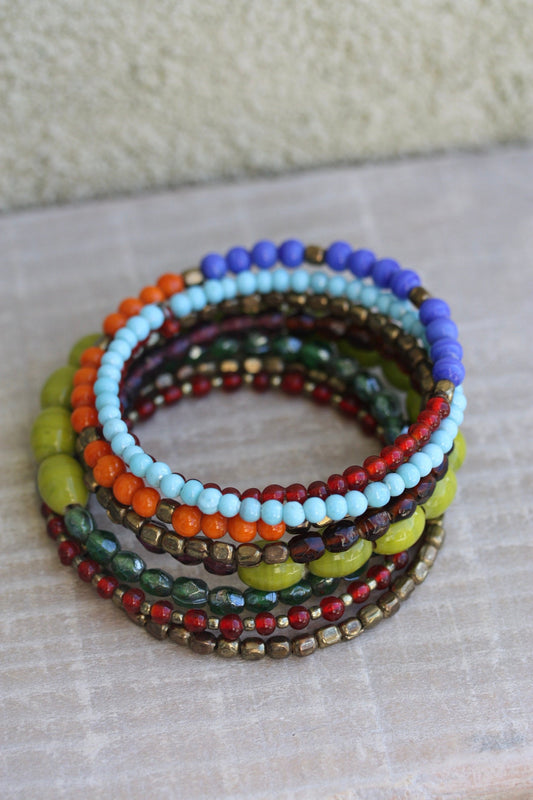 Colorful, mixed material beaded vintage wrap bracelet