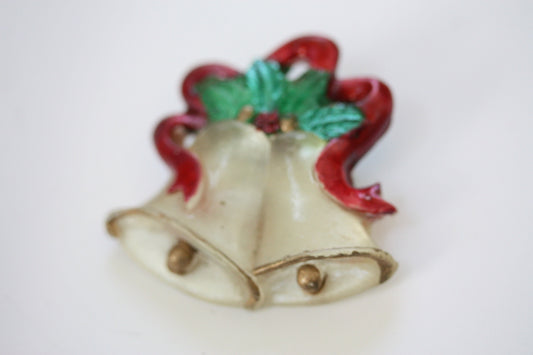 Unique old vintage charming Christmas bells pin with red ribbon and holly - classic /classy vintage Chritmas pin - lucite?