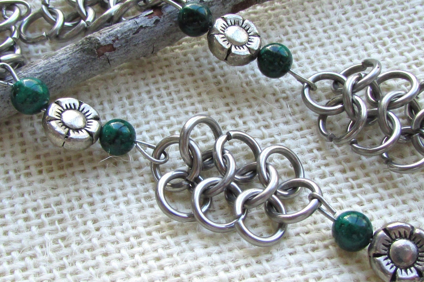 Green stone bead and looped metal unique vintage necklace