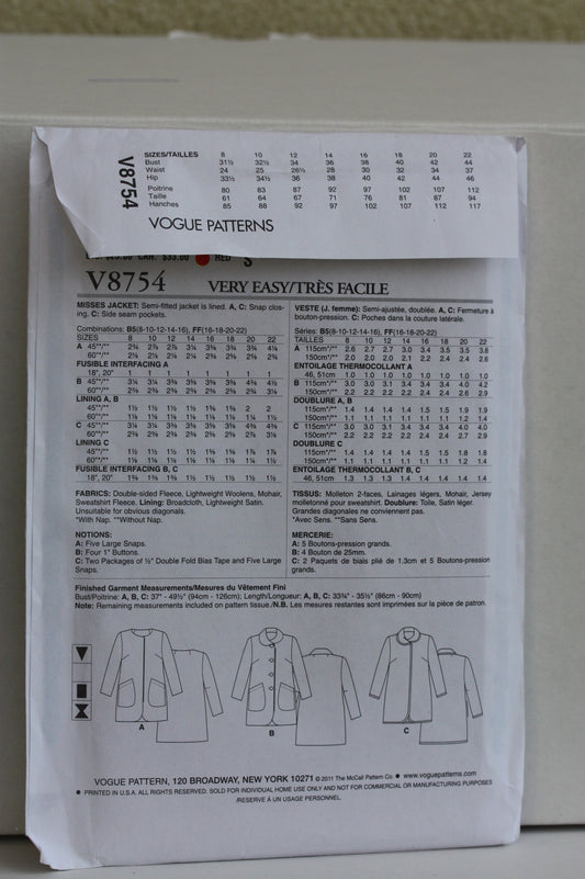 UNCUT Sewing Pattern - Very Easy Vogue V8754 ladies Jacket pattern. Size FF (16-18-20-22)