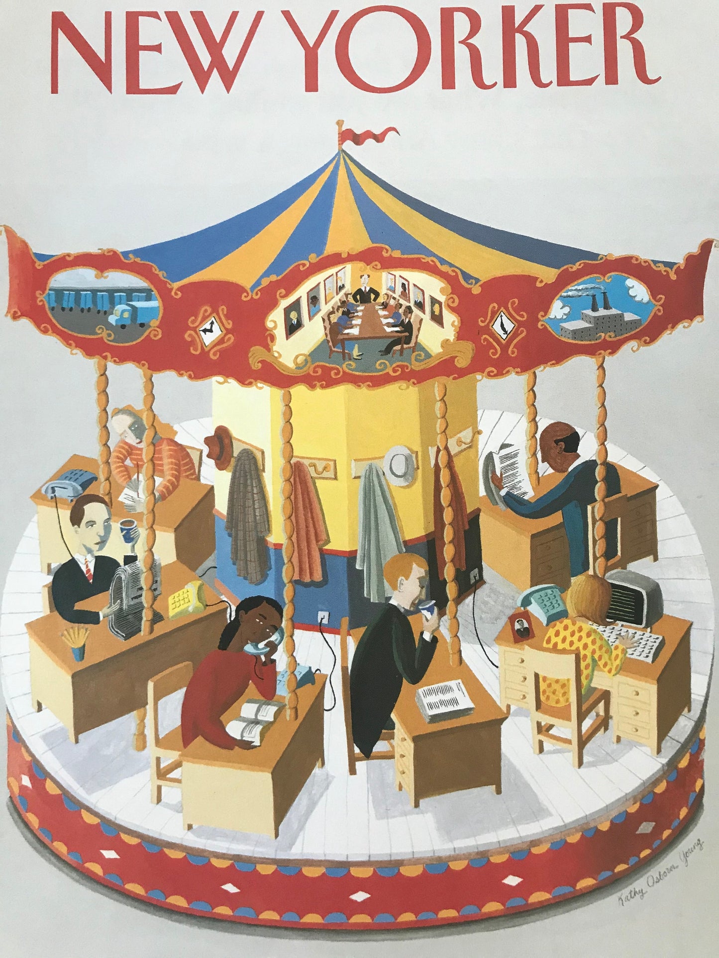 NEW YORKER Magazine cover - April 8, 1991 - funny - office on carousel, merry go round office