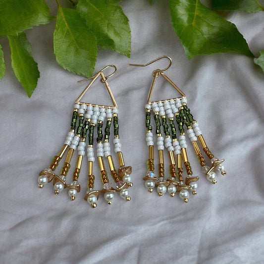 Hand beaded stunning dangle earrings - emerald green and gold with white faux pearls